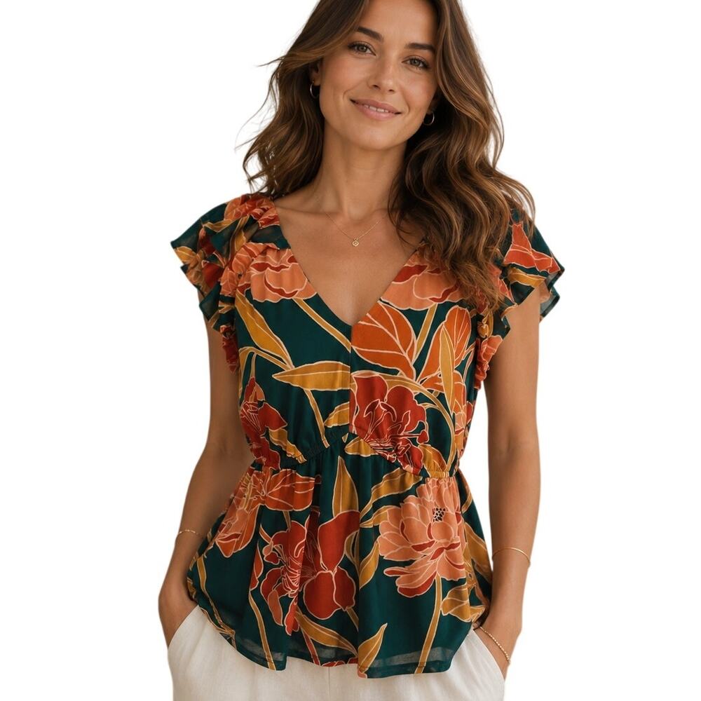 DR2 Babydoll Top Womens Medium Jade Green Floral Mesh Flutter Sleeve Boho